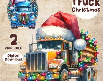 Christmas Truck PNG Watercolor Truck Boys Clipart Santa Claus Hat PNG Vehicle Cars Truck Sublimation Commercial Use