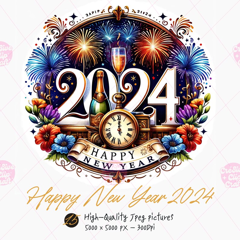Happy New Year 2024 Clipart Bundle, HNY, New Year Party, Festive Images