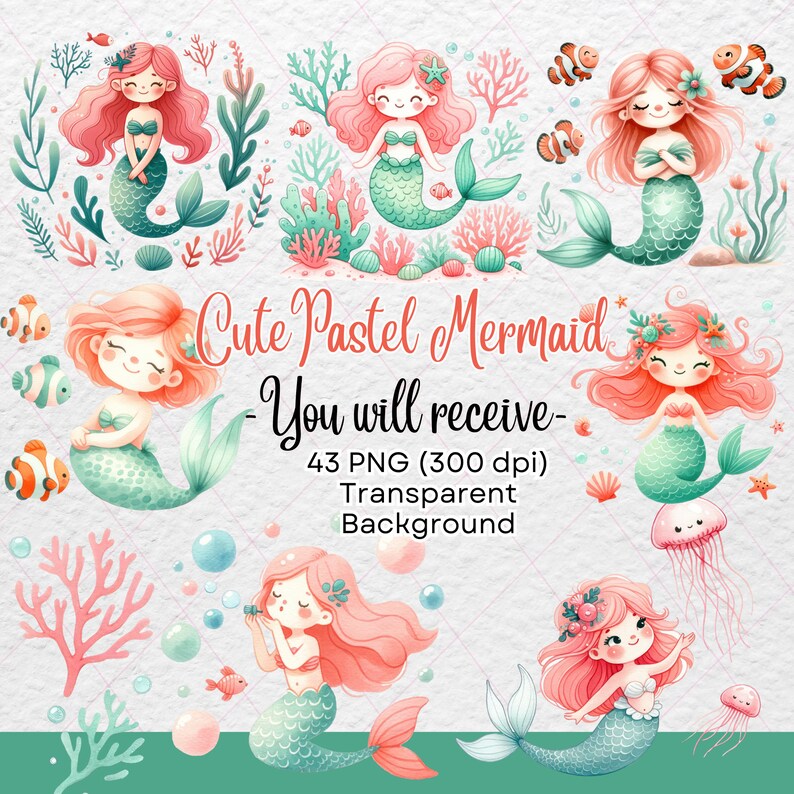 Cute Mermaid Clipart Coral Pastel Mermaid Watercolor Mermaid Clipart