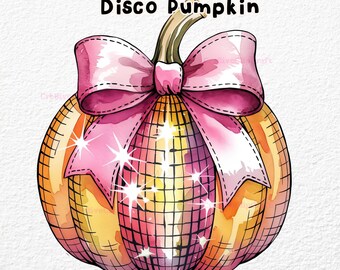 Bola de discoteca de calabaza con coqueta rosa PNG, otoño PNG, diseño de otoño de moda, lazo de coqueta de calabaza, Halloween retro, coqueta, calabaza PNG