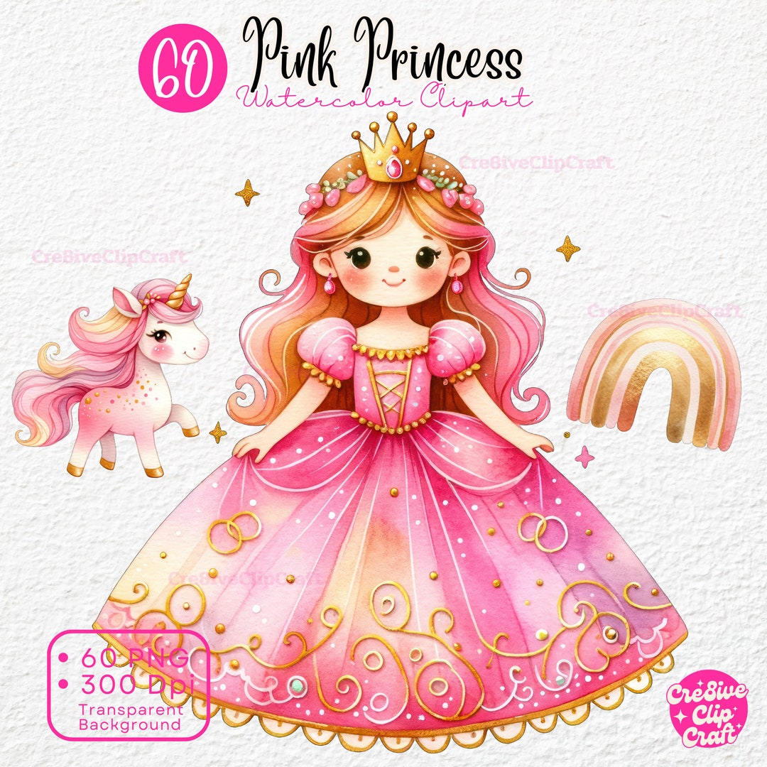 Pink Princess Watercolor Clipart Bundle Cute Princess Carriage Castle ...