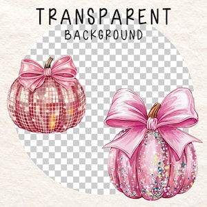 May include: Two pink pumpkins with glitter and pink bows. The pumpkins are on a transparent background.