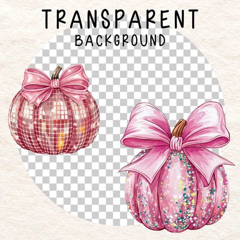 May include: Two pink pumpkins with glitter and pink bows. The pumpkins are on a transparent background.