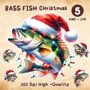 Funny Christmas Bass Fish PNG Santa Bass Fish Santa Hat PNG Saltwater Fish Clipart Christmas Holiday Fishing Season PNG Commercial Use