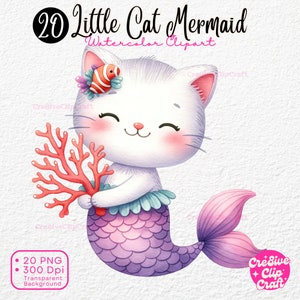 Little cat mermaid Watercolor Clipart, Meowmaid Clipart, Mermaid Kitty Clipart, Mercat Clip art, Purrmaid Party, Mermaid, Cat Clip Art