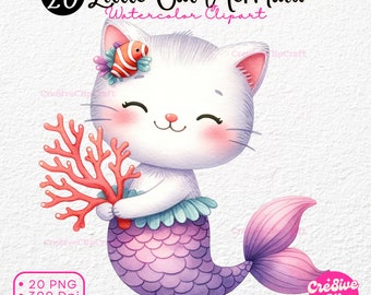 Little cat mermaid Watercolor Clipart, Meowmaid Clipart, Mermaid Kitty Clipart, Mercat Clip art, Purrmaid Party, Mermaid, Cat Clip Art