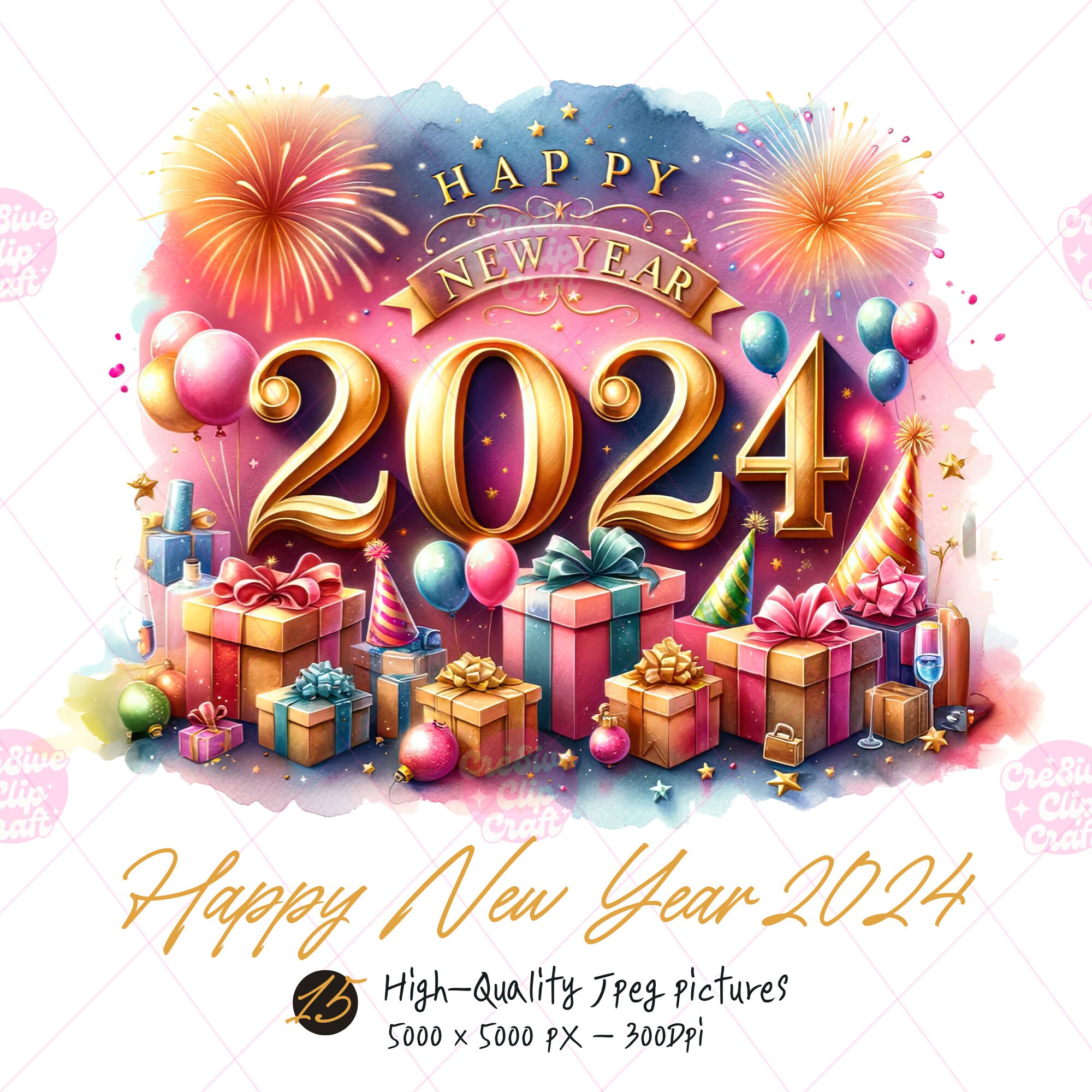 Happy New Year 2024 Clipart Bundle, HNY, New Year Party, Festive Images for Celebration, Holiday