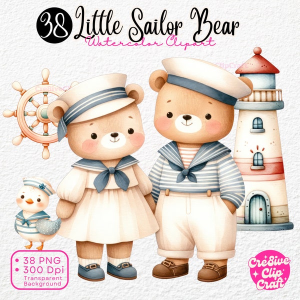 Little Sailor Bear Watercolor Clipart, Sailor Baby Bear, Nursery Clip art, Nautical PNG, Sea Life, sailboat, Cute Bear Clipart, Baby Shower