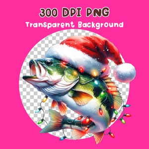 May include: A green and white fish wearing a red Santa hat with white trim and a string of colorful Christmas lights. The fish is against a transparent background.