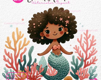 Black Mermaid clipart African American Mermaid PNG Mermaid Clipart Cute Little Mermaids clipart Afro Baby girl Under the Sea Commercial Use