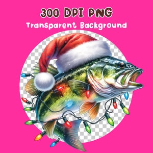 May include: A green and brown bass fish wearing a red and white Santa hat with colorful Christmas lights wrapped around it.