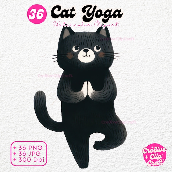 YOGA CATS, Watercolor Yoga Animals, Cat Yoga, Cat Animals, Black Cat, watercolor animal, yoga poses, stretching, PNG, Jpeg, yoga lovers gift