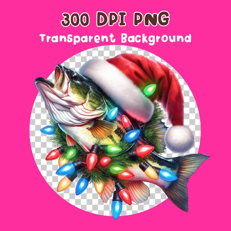 May include: A largemouth bass wearing a red Santa hat and a garland of colorful Christmas lights.