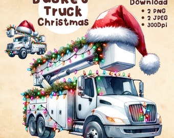Christmas Bucket Truck PNG, Watercolor, Lineman Electrician, Boys Clipart, Santa Claus Hat PNG Vehicle Cars Truck Sublimation Commercial Use