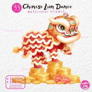 Danza del León Chino Año Nuevo Lunar Año Nuevo Chino Acuarela Clipart Baile Tradicional León León Sombrero Celebración Festiva Descarga Digital