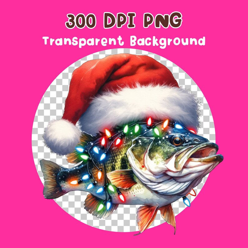 May include: A green and brown bass fish wearing a red Santa hat with white trim and a string of colorful Christmas lights wrapped around it.