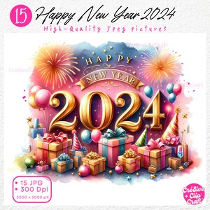 Feliz Año Nuevo 2024 Paquete de imágenes prediseñadas, HNY, Fiesta de Año Nuevo, Imágenes festivas para celebración, Gráficos navideños, Descarga digital Uso comercial
