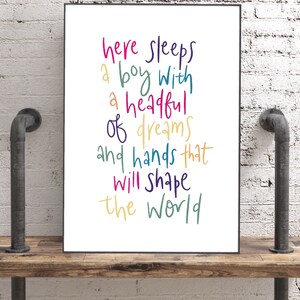 Custom A4 Quote Print | Here sleeps a boy. Colour, Gifts, Inspirational, Bedroom, Home, Kids, Baby, Nursery, Bright, Wall art.