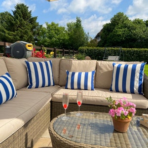 Blue and white striped water resistant outdoor cushions - water resistant cushions - outside cushions - garden cushions