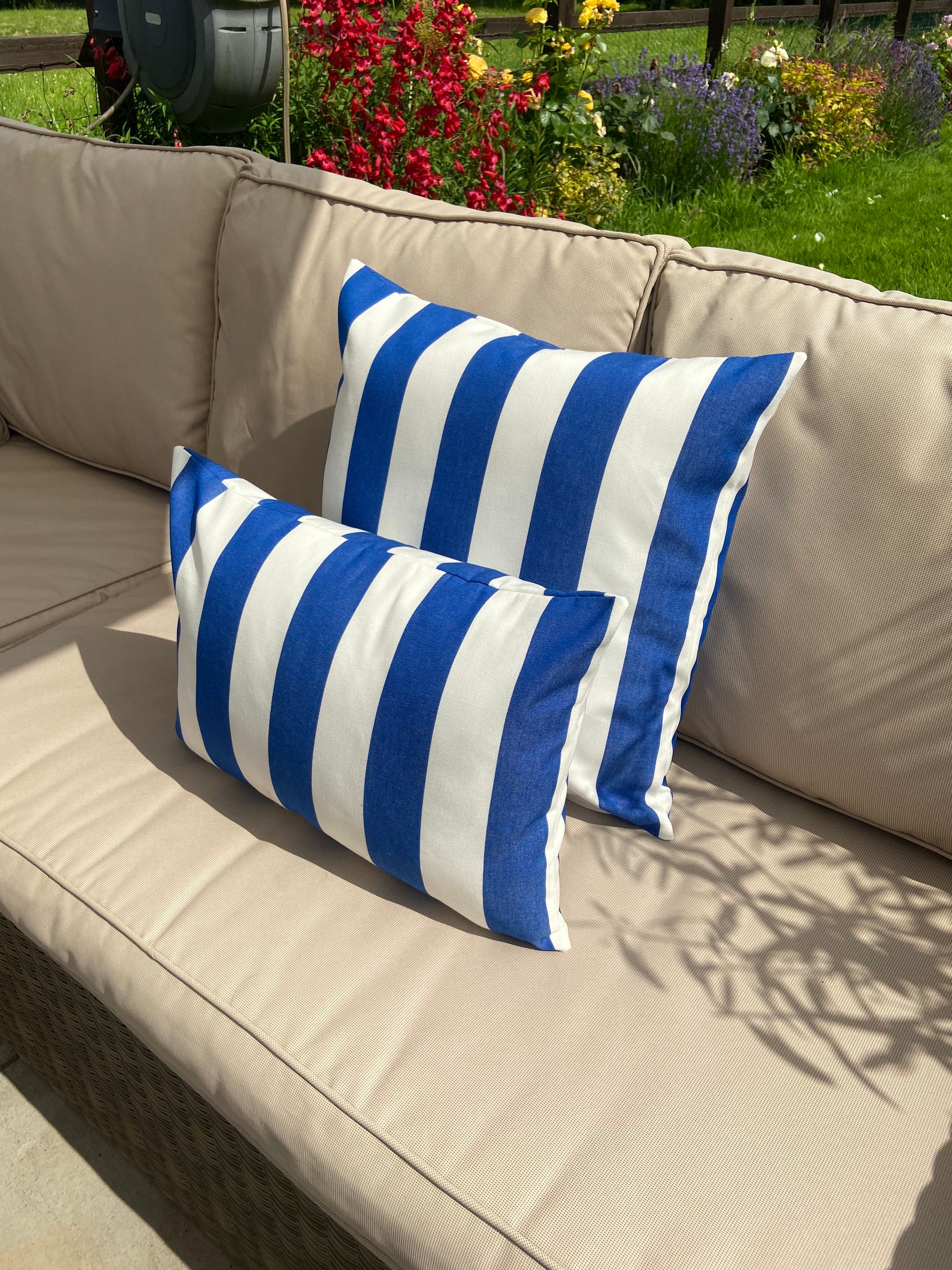 Blue and White Striped Water Resistant Outdoor Cushions Etsy UK