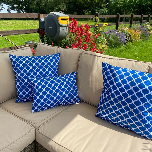 Blue and white Moroccan Quatrefoil Pattern water resistant cushions - outdoor cushions - garden cushions - water repellent cushions