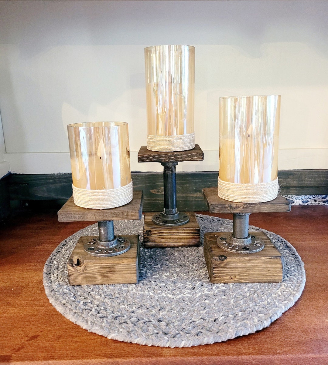 Rustic Candle Holder, Candle Holder, Industrial Candle Holder, Iron Pipe Decor, Wood Candle