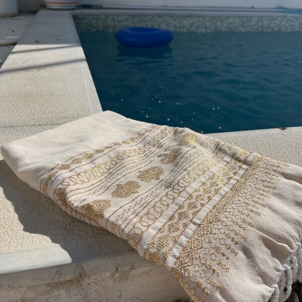 Cream & Gold embroidered Fatima hand beach/Hammam towel, bed/sofa throw, blanket, decoration, tasseled, boho decor, sarong