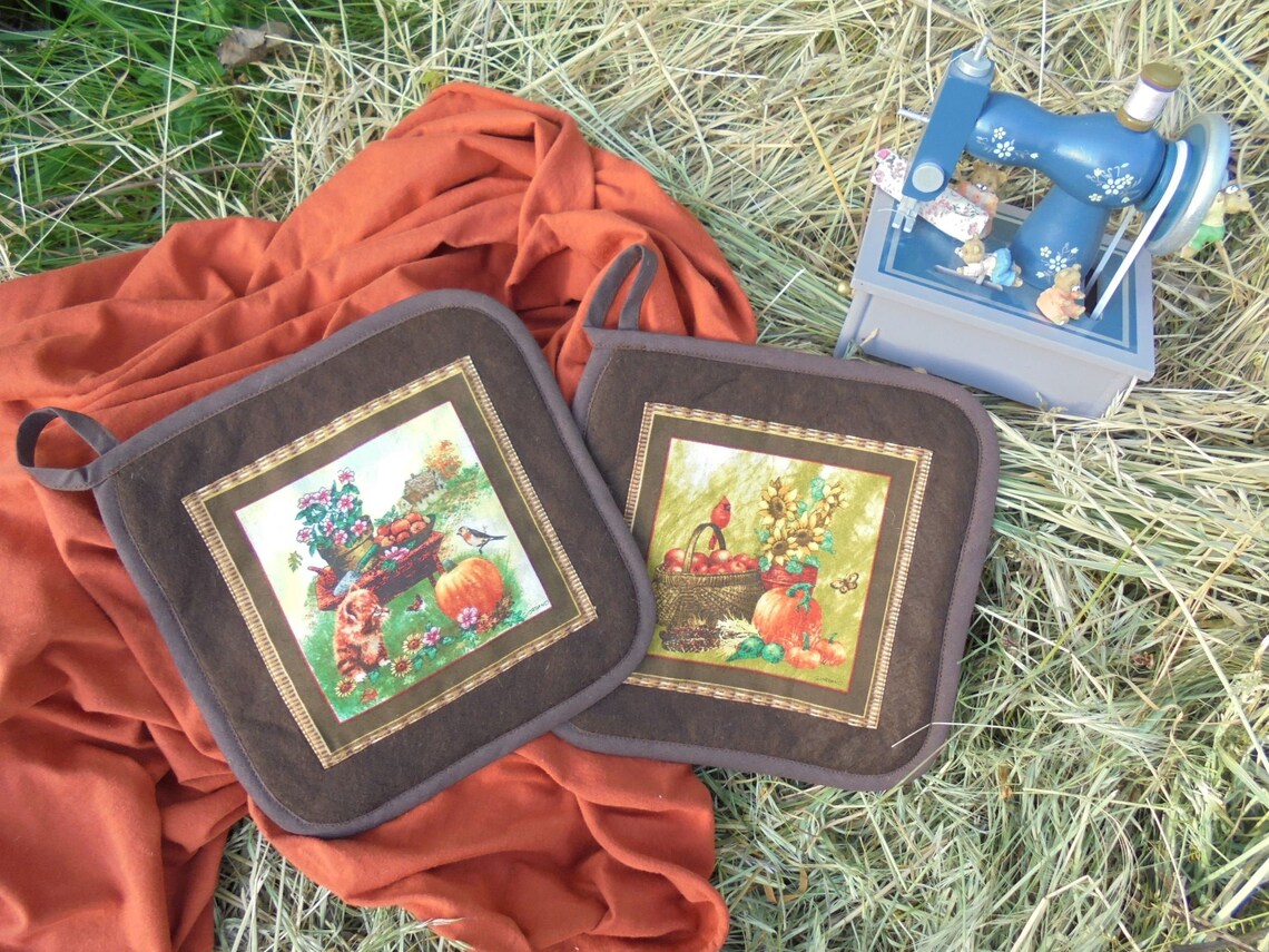 2 Topflappen Katze Kürbis Küche Kräuter handgemacht genäht | Etsy