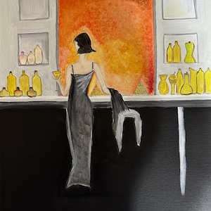 Handmade Lady in Bar Oil Painting on Canvas. Original Artwork for Home Decoration- From Paintings of Bhawna Sharma