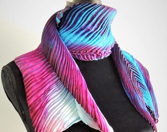Hand Painted, Turquoise, Blue, Pink, Purple, Arashi Pleated, Habotai Silk, Scarf, Silk Scarf, Arashi, China Silk, Silk, Arashi Scarf, Unique