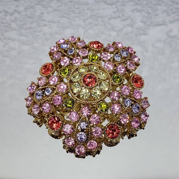 R.J. Graziano Crystal Brooch Star Flower Rhinestone Brooch Gold Tone Green Purple Pink Yellow Austrian Crystals