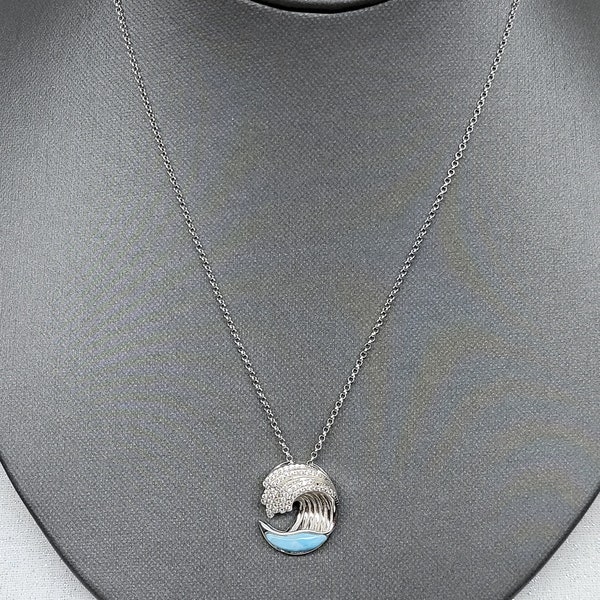 Sterling Silver Larimar Wave Pendant Necklace, SPI Sterling Silver Cz Crest Wave Necklace, Larimar Jewelry, 18" SPI Italy 925 Chain