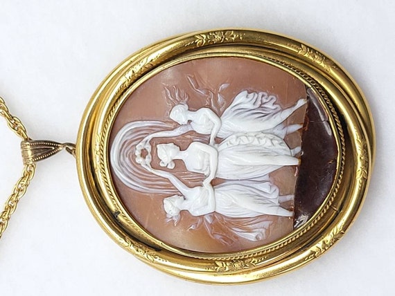 Antique Three Graces Cameo Pendant Necklace Gold … - image 5
