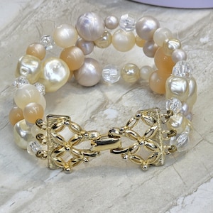 Vintage Coro Bracelet, Color Faux Pearl and Moonglow Beaded Bracelet, Gold Tone Three Strand Bracelet, Vintage Coro Jewelry.