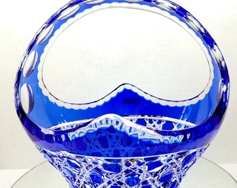 Vintage Irena kobalt gesneden om mand leeg te maken, Pools handgeslepen loodkristal, blauw gesneden om grote loodkristallen mand te wissen, zeldzame vondst