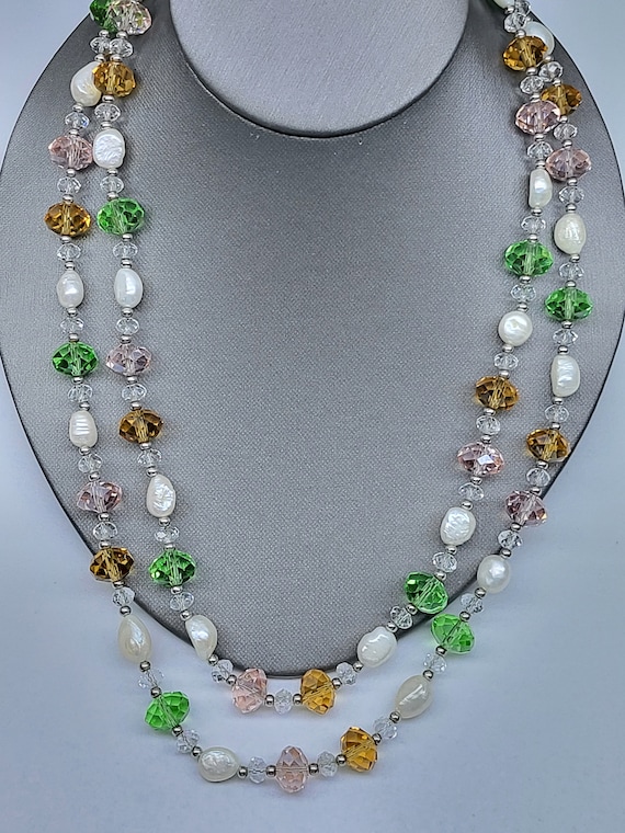 Vintage Pearl and Crystal Bead Necklace, 44" Long 