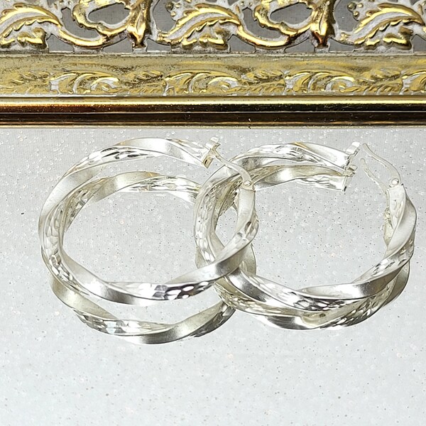 Vintage JMC Sterling Silver Hoop Earrings, Jacmel Mauritius Twisted Silver 1.5" Hoop Earrings, Light Weight Sterling Hoops