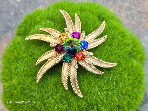 Vintage Rainbow Crystal Brooch. Gold Tone Flower … - image 4