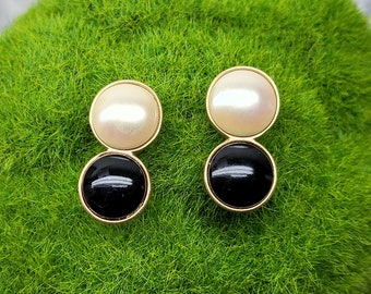 Vintage DSC Daniel Swarovski Co. Earrings, Gold Tone Faux Pearl and Black Swarovski Crystal Cabochon, Vintage Post Earrings