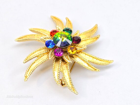 Vintage Rainbow Crystal Brooch. Gold Tone Flower … - image 7