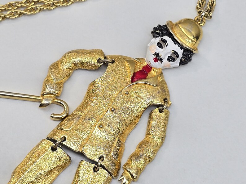 Vintage Charlie Chaplin Articulated Necklace Pendant, Gold Tone and