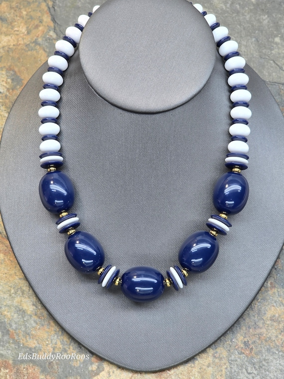 Vintage Monet Necklace, Blue and White Lucite Bead