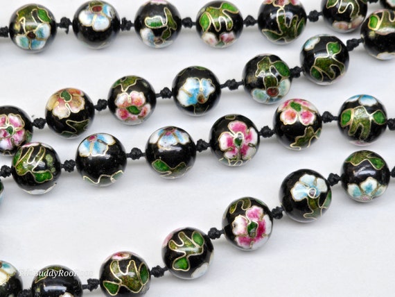 Vintage Cloisonne Necklace, Black Beaded Floral C… - image 6