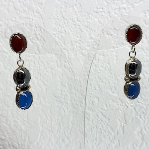 Vintage Sterling Silver Dangle Drop Earrings, Red Silver and Blue Semi Precious Stone Cabochon Drop Earrings, Southwest Dangle Drop Earrings