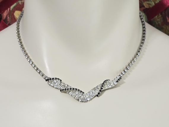 Vintage Crystal Necklace, Black and Clear Crystal Necklace, Crystal Pave Necklace, Crystal Ribbon Necklace, Vintage Crystal Jewelry