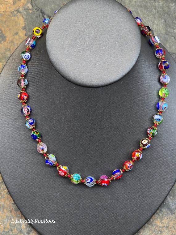 Vintage Millefiori Necklace, Italian Murano Glass 