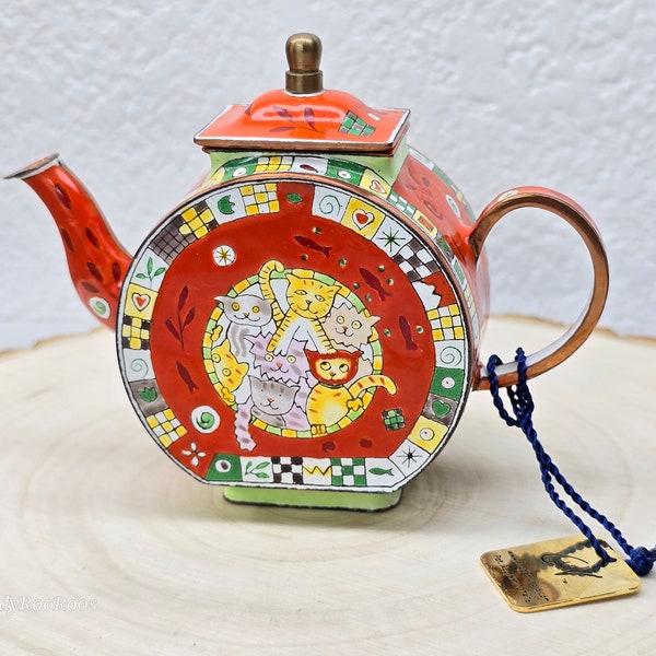 Charlotte Di Vita Miniature Teapot, Cool Cats Enameled Teapot, Hand Painted Cat Mini Teapot, Certified Original A506, Charlotte Di Vita