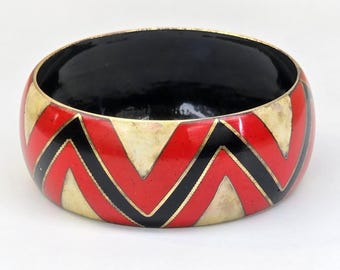 ヴィンテージエナメルバングルブレスレット、赤黒白七宝焼き