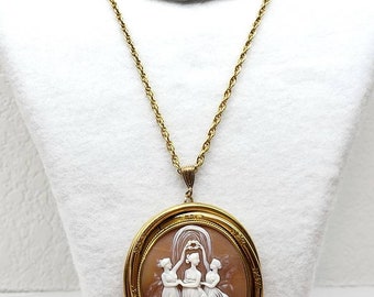 Antique Three Graces Cameo Pendant Necklace Gold Filled Decorated Cameo Brooch Frame