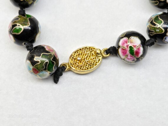 Vintage Cloisonne Necklace, Black Beaded Floral C… - image 8